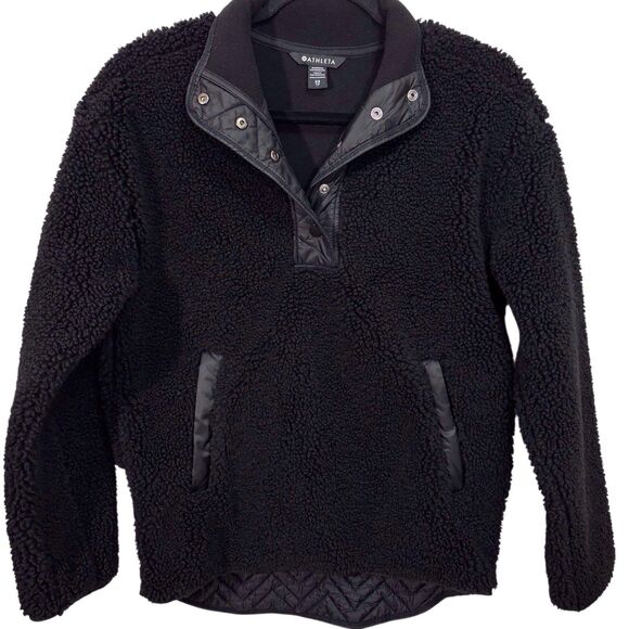 Athleta Cozy Sherpa Snap Sweatshirt Jacket Black Deep Pile Womens XS Teddy Bear - Picture 1 of 14